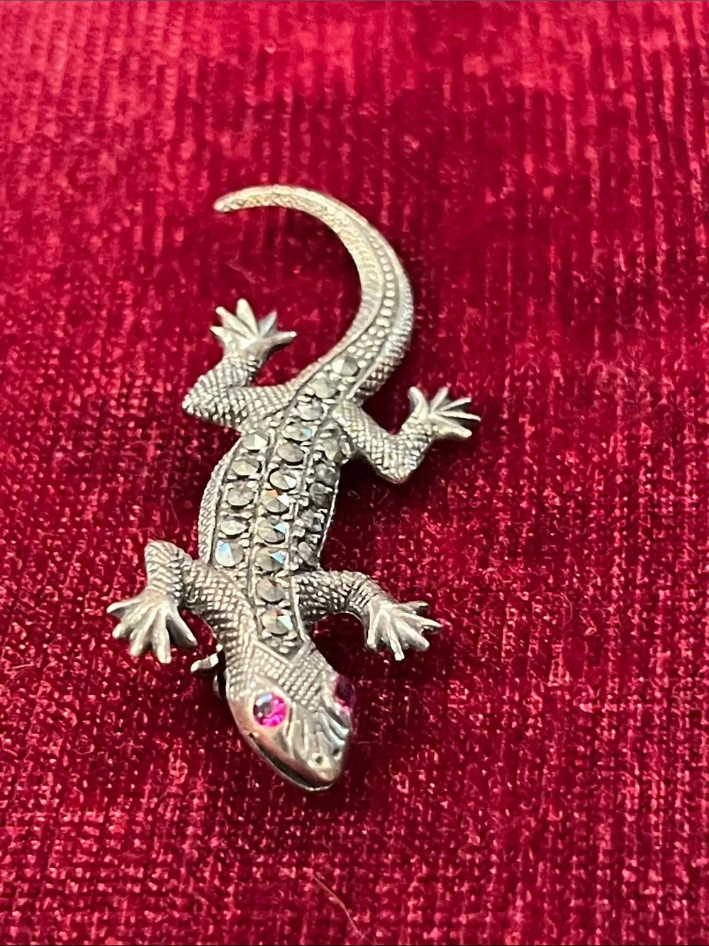 Vintage Silver Lizard Reptile Brooch Pin with Pink Gem Eyes